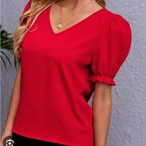 SHEIN Red V-Neck Puff Sleeve Ruffle Blouse